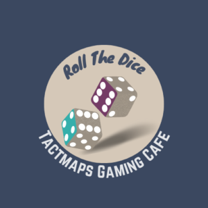 The Logo for Tactmaps Gaming Cafe containing two dice with purple and blue highlights.